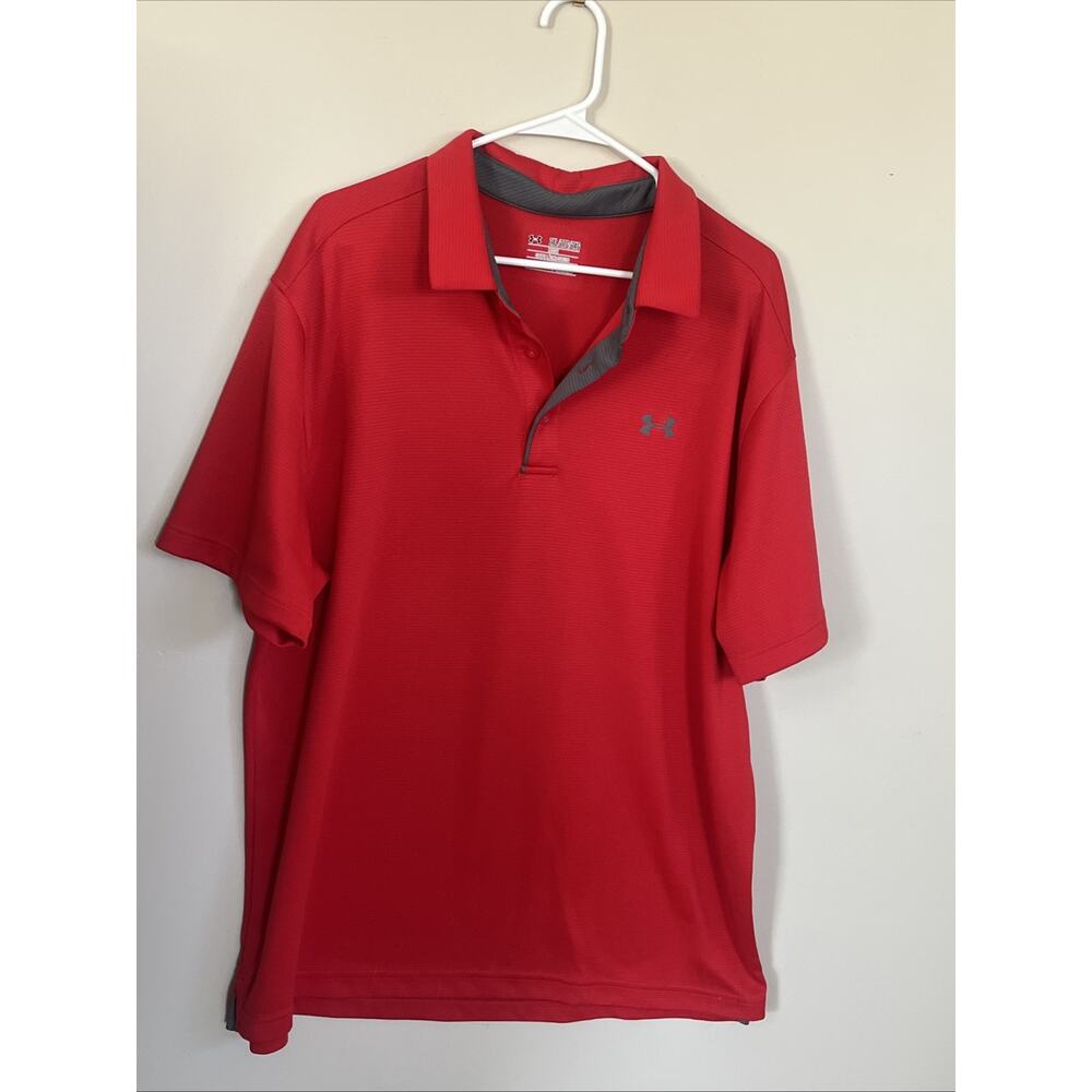 Under Armour Polo Shirt Mens 2XL XXL Red Striped Performance Loose Heatgear